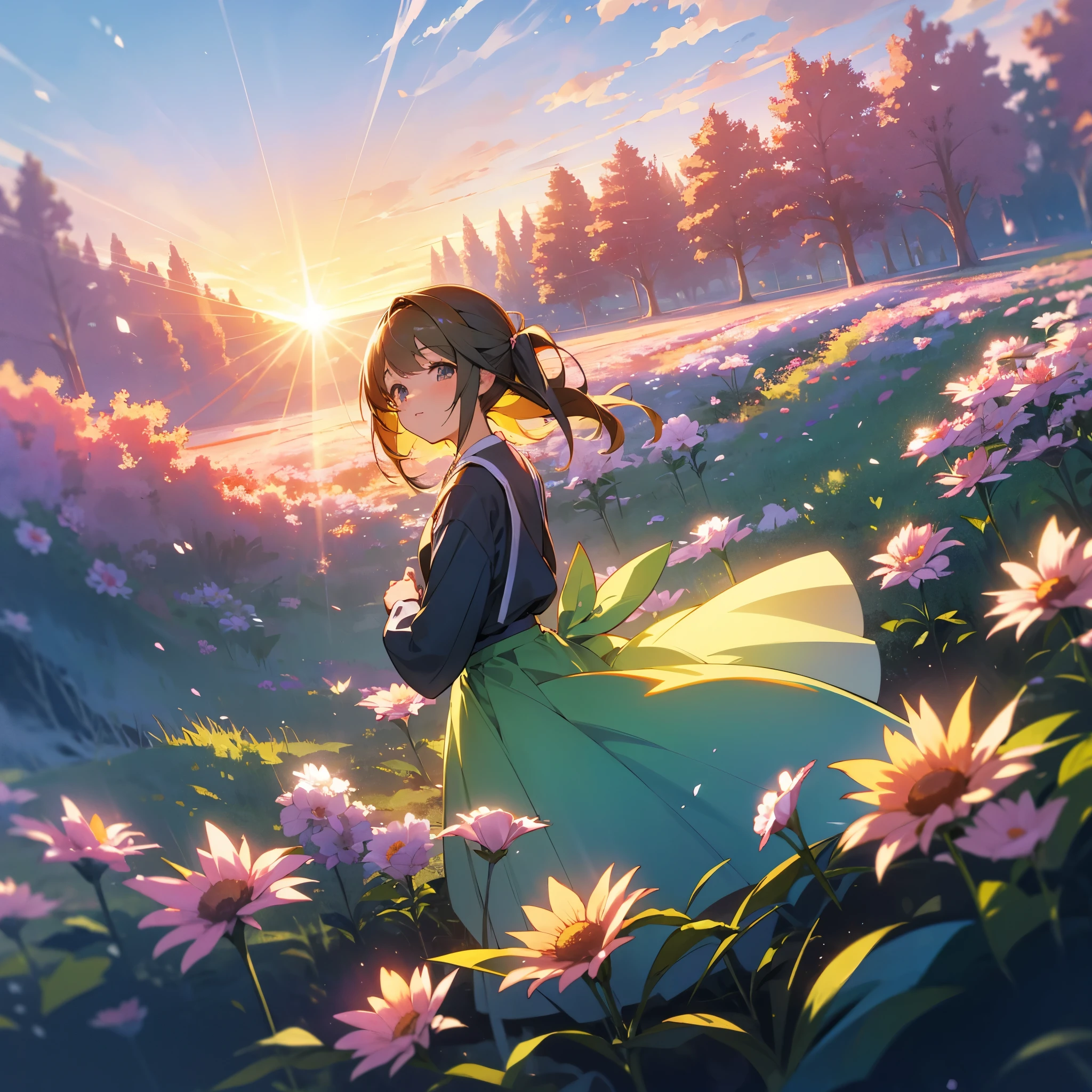 A cute anime girl turning around and enjoying on an area full of beautiful flowers, her skirt flies outwards with her motion, camera angle from top, lush illuminated environment, sun rays, beautiful sky.