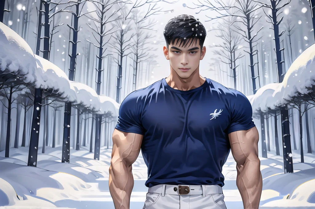 Handsome young man,(Thin mustache:0.8), alone, (ฺBuzz Cut:0.8), (Wear a navy blue t-shirt.:1.2),Blue Jeans,(Wear a black watch.),Korean people,chest muscles,large arm muscles,blood vessel,big muscles,Broad shoulders,(Snow Forest:1.4),