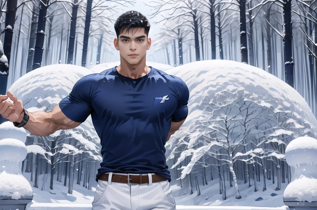 Handsome young man,(Thin mustache:0.8), alone, (ฺBuzz Cut:0.8), (Wear a navy blue t-shirt.:1.2),Blue Jeans,(Wear a black watch.),Korean people,chest muscles,large arm muscles,blood vessel,big muscles,Broad shoulders,(Snow Forest:1.4),