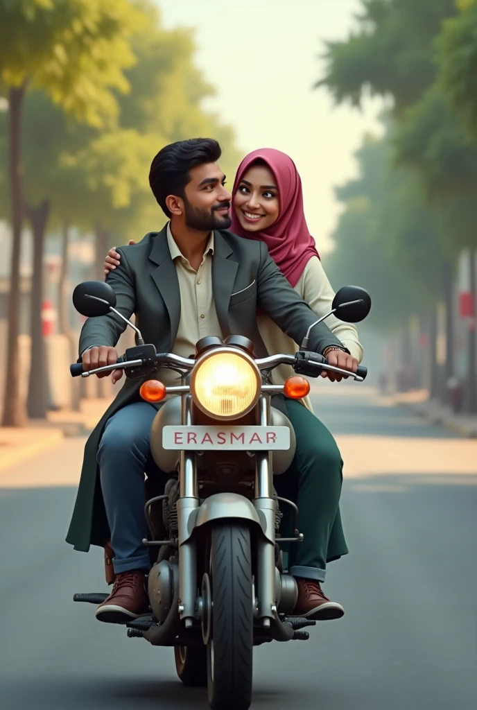Pakistani office young husband drive bike and female school teacher sitting back on the bike on road