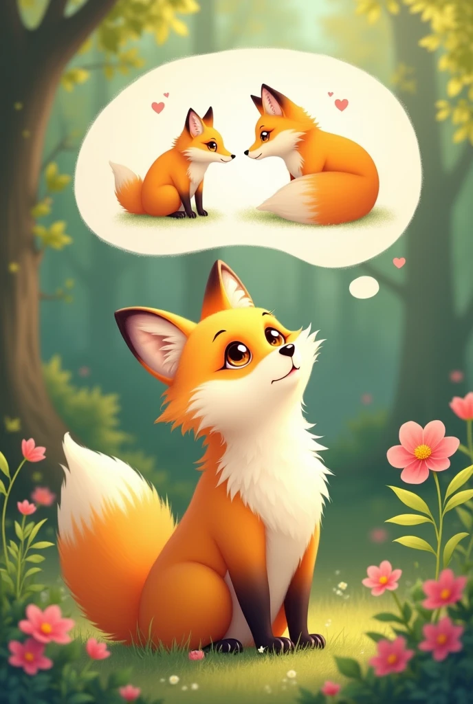 A yellow female fox who longs for love,Stand up,Speech bubble above head,A picture of fox love appears in the bubbles,Cute realistic style,Surrounded by love,Background forest garden