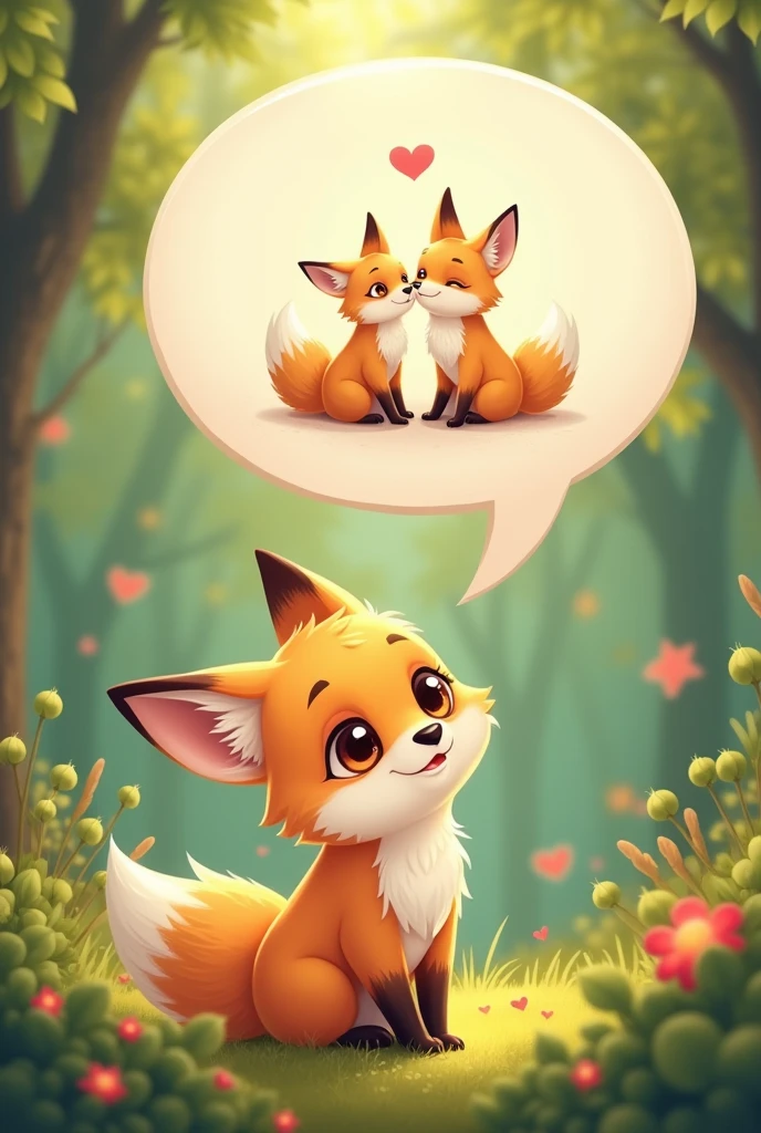 A yellow female fox who longs for love,Stand up,Speech bubble above head,A picture of fox love appears in the bubbles,Cute realistic style,Surrounded by love,Background forest garden