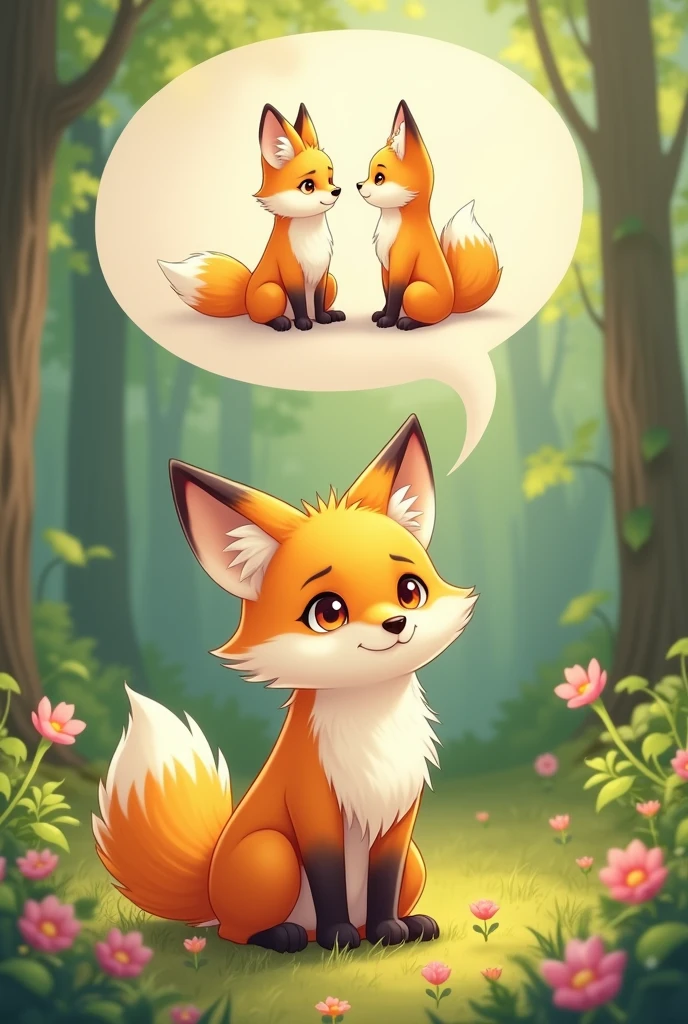 A yellow female fox who longs for love,Stand up,Speech bubble above head,A picture of fox love appears in the bubbles,Cute realistic style,Surrounded by love,Background forest garden