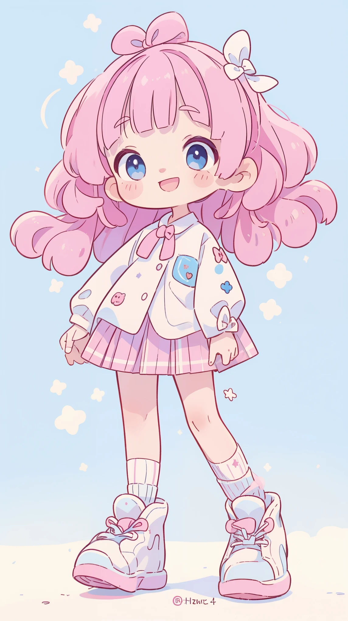 high resolution,smile,laugh,woman,woman1人,adult,Clear,cute,
((chibi)),
blunt bangs,wavy hair,Pink Hair,BREAK,
Light blue eyes,BREAK,
uniform,White shirt,BREAK,Pink checkered pleated skirt,BREAK,
White loose socks,White sneakers,BREAK,
Ribbon hairpin,BREAK,
Facing forward,BREAK,Background white,