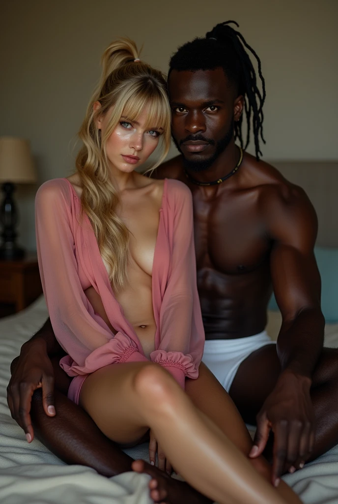 Imagine a slim 22-year-old black man, nude with a hard bug cock, with sexy face gazing with desire. He is in a moonlit setting, on a honeymoon with a beautiful young black woman. She is nude in a white bed. Her hair is straightened, dramatic lighting, in a romantic ambiance, capturing the couple's enchanting moment.