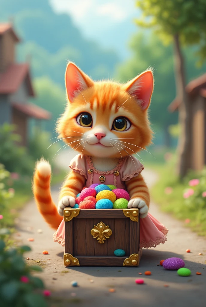 the ginger cat in dress collecting the all colors box on the road.