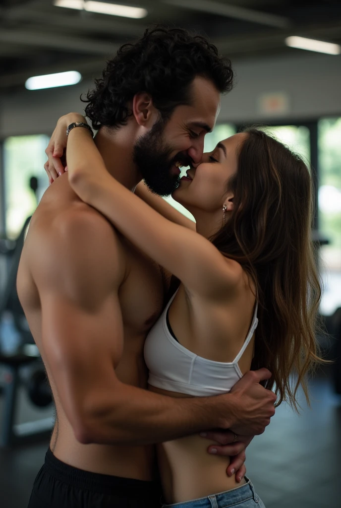 Messy black haired man without beard hugging long brown haired girl in gym fucking 