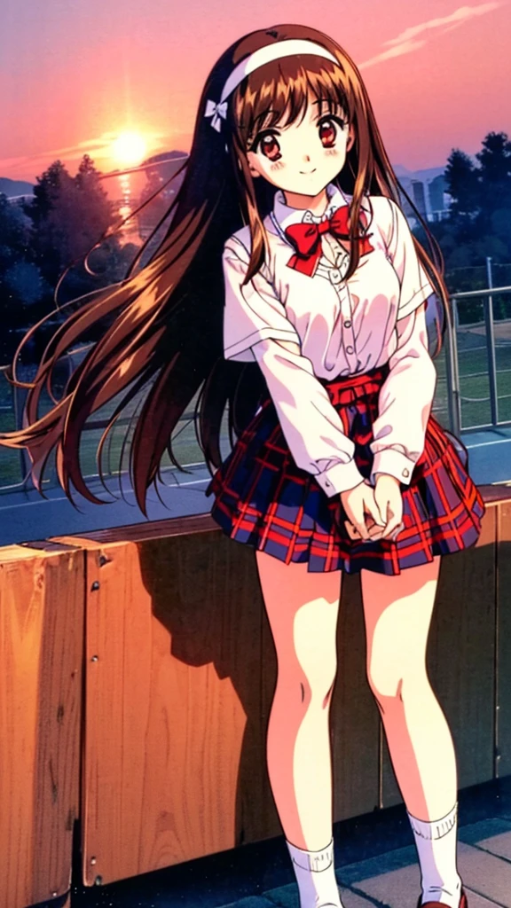 Yuki Mizuho, one person, a woman, (college age:1.1), (hair length above waist), ((hair band,white)) , Brown Hair, Red eyes, Red eyes, (shirt formal,white), ((a bow tie, Blue)) , Plaid skirt, (socks, white), shoes, retro artstyle, ((skirt masterpiece, red)), 1990s (style), expensive quality, very_expensive_solve, big_file size, Full Color, blush, Cute Smile Open your mouth, Are standing,(Winter Night、With the sunset and the fence behind、Receiving a confession on the school rooftop。I got closest to that smile:1.1), (Place your hands on your chest:1.3), Two Arms, (cinematic angle:1.1),