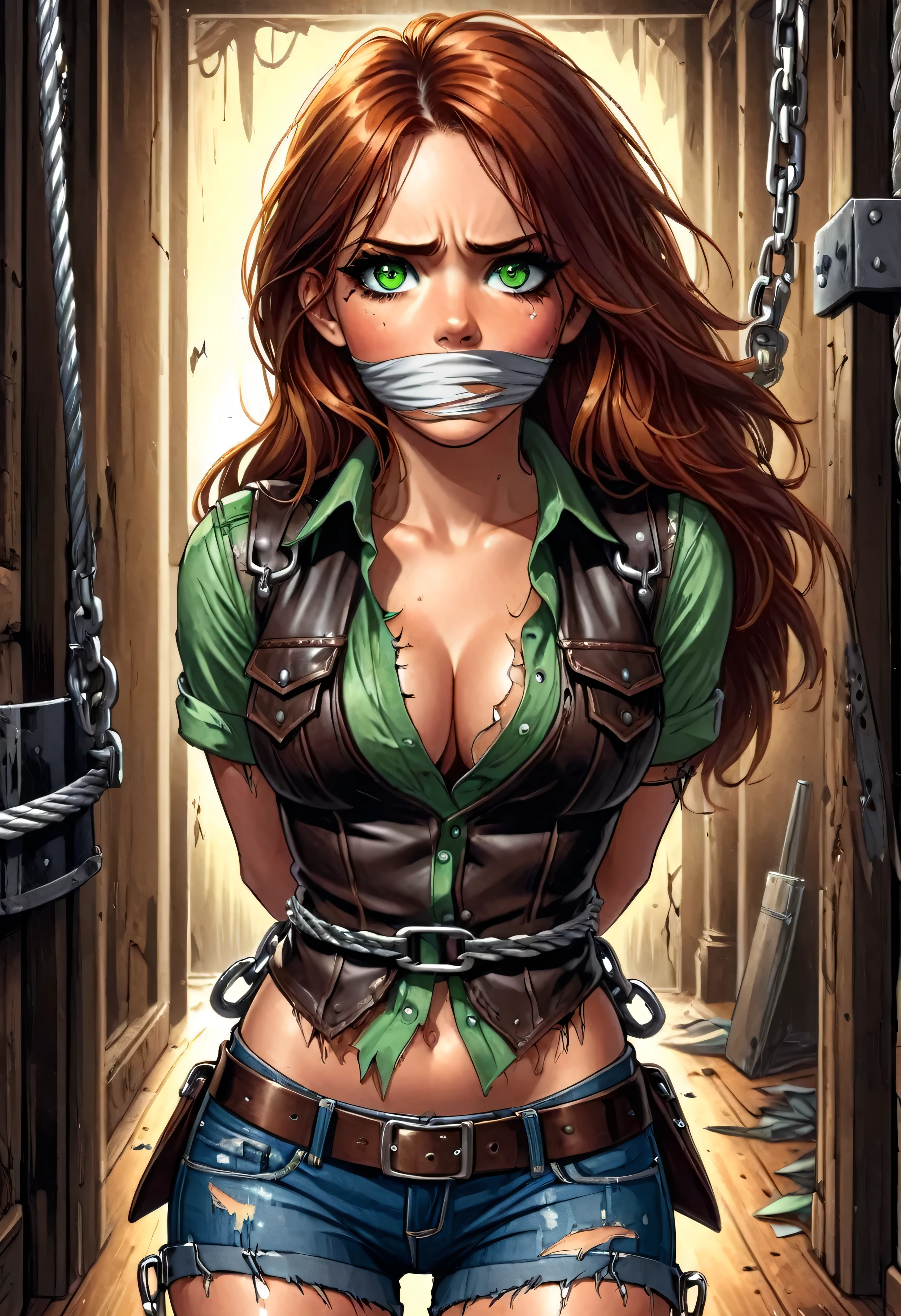 1girl, cowgirl, long auburn hair, green eyes, torn and damaged shirt, leather vest, torn jean shorts, shorts unbuttoned, visible torn underwear, holster, arms behind back, scared, beautiful, cleavage visible, chains, handcuffs, bound, under arrest, ropes, shibari over clothes, otm gag, portrait, graphic novels illustration, masterpiece, highly detailed, 