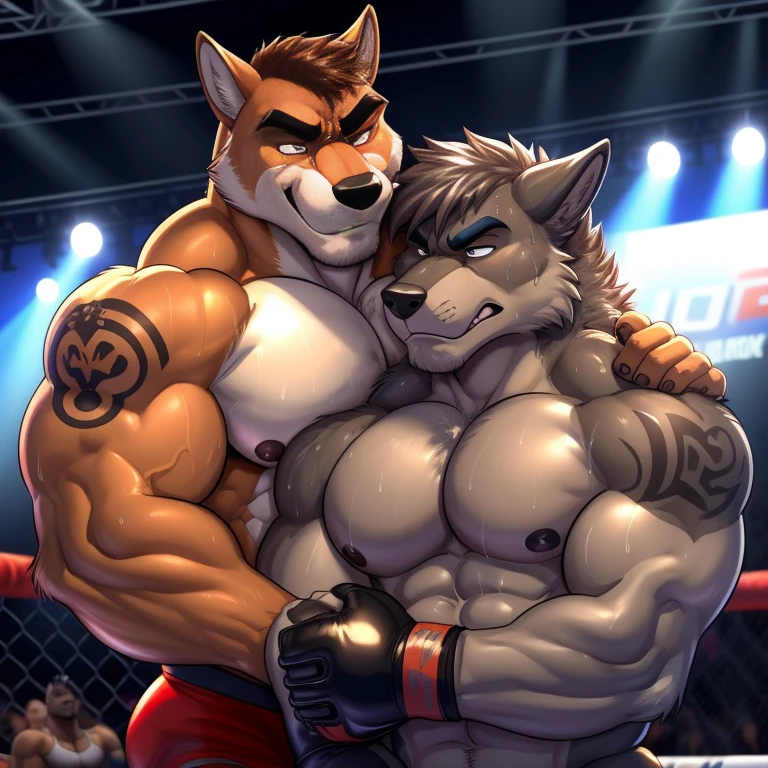 Duo male(Brown Dog vs Gray wolf), handsomes(handsome hairstyle, Thick eyebrows, detailed face), gay(cuddling embraced from behind, body with body, on a UFC match), hot(Shirtless), handsomes(They are handsomes, correct anatomy), musculosos(Big muscle bodies, Six packs, muscle abs, big pecs), sweaty(very sweaty wet bodies, shiny sweat), tatuajes(they have tattoos), grumpy(Both have an grumpy expression, grumpy teeths, steaming breath), UFC gloves(They both are wearing UFC gloves), Hight resolution, by(Zourik:1.1)