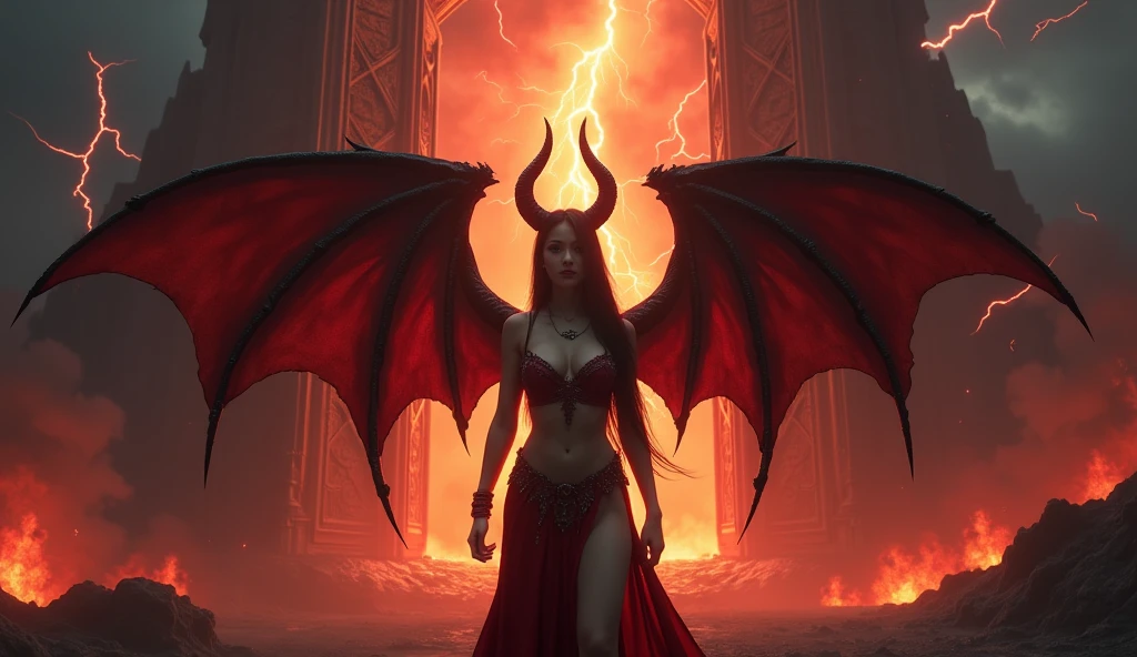In this masterpiece, a stunning (sexy succubus warrior girl) stands at the center of the frame, radiating an aura of mystique and beauty. The ultra-detailed 4K image presents her in front of the ominous (huge gates of hell) (with a vortex of black mana), surrounded by the fiery crater of an erupting volcano. The volumetric lighting casts a warm glow on her porcelain skin, accentuating the intricate details of her (sexy demonic armor). Her straight black hair are beautiful, framing her charming smile and captivating cleavage. The spellbinding atmosphere is punctuated by (thunderstorms and flashes of red lightning) in the surreal dark sky, as if the very heavens are conjuring her presence. The composition masterfully balances depth and complexity, drawing the viewer's gaze to the perfect body, with its flawless anatomy and tantalizing pose. (Charming smile), (beautiful huge tits), (small black horns), (sexy black Armor), She has (2 large wings:1.5) on her upper back. (2 tall black wings:1.3). (2 tall symmetrical wings:1.3). (Photorealistic), (Dark thème). (Gothic girl). (Beautiful face), (Beautiful navel). (Great Sword of flames). (Sharp wallpaper). (Ultra detailled). (Very high qualited)