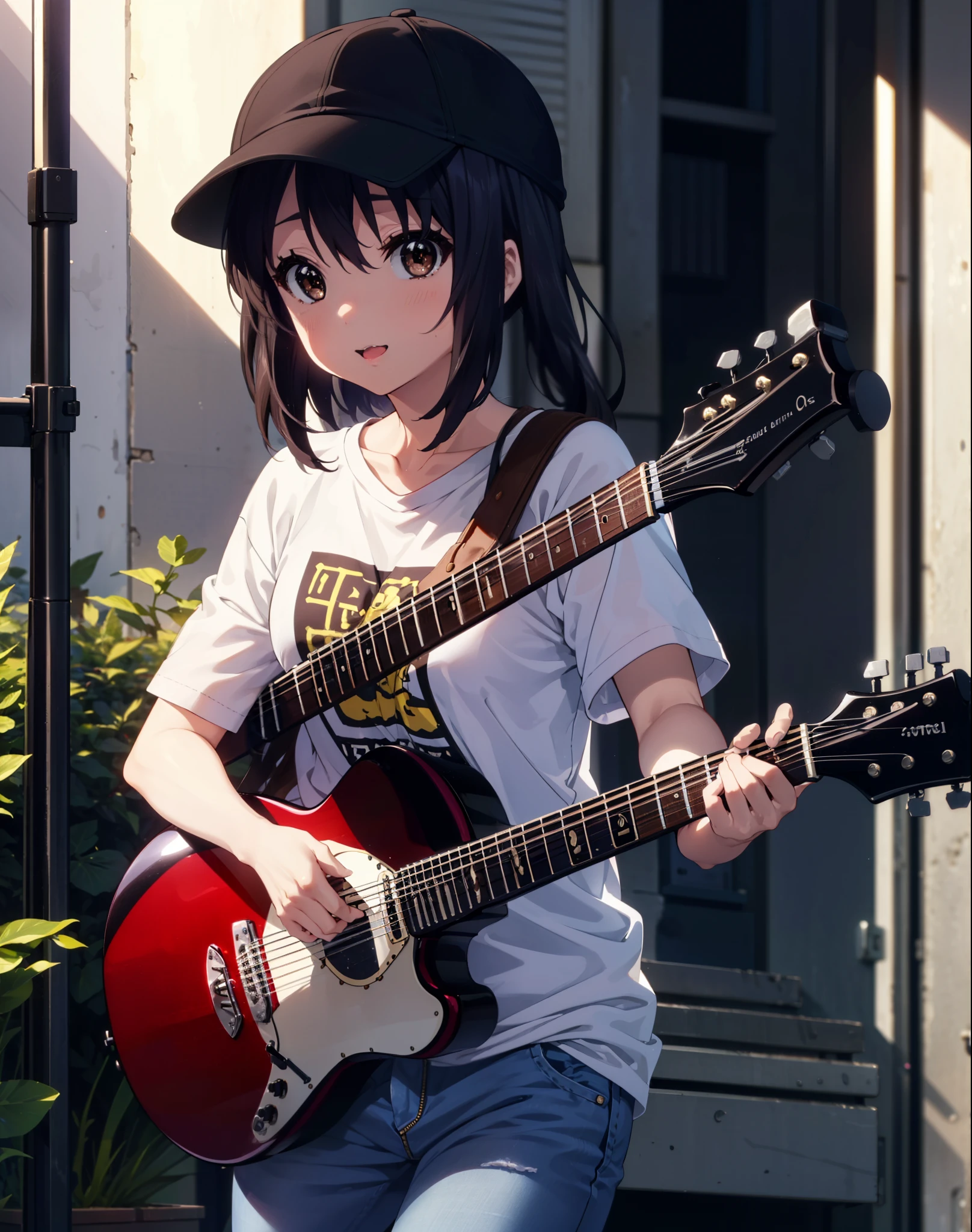 meet, Azusa Nakano, Black Hair, (Brown eyes:1.5),Long Hair,Baseball hats,Oversized T-shirt,Short sleeve,jeans,short boots,Instrument playing, Stage Performance, hot air,Happy atmosphere,スタンドマイクの前でguitarをを弾きながら熱唱,guitar(Red Mustang),On the forehead,Singing with your mouth open,smile,Street Performance,night,moonlight,whole bodyがイラストに入るように,
break outdoors, Building district,
break looking at viewer, whole body,
break (masterpiece:1.2), Highest quality, High resolution, unity 8k wallpaper, (figure:0.8), (Beautiful attention to detail:1.6), Highly detailed face, Perfect lighting, Highly detailed CG, (Perfect hands, Perfect Anatomy),