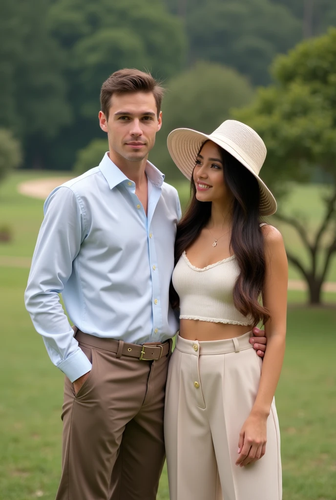 20 years old handsome guy wore dress shirt and hammer pant with his girlfriend wore plain co-ord set and a cute hat photo a beautiful bg