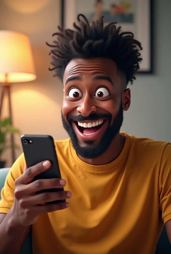 Une homme sur son téléphone qui est grand sourire car il a reçu enfin un message sur son telephone qu'il attendait. On voit son immense sourire sur son visage