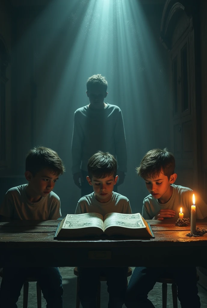 A haunting scene of the three young boys repeatedly finding themselves back in the same eerie room with the old table and book, despite taking different paths, adding to the suspense