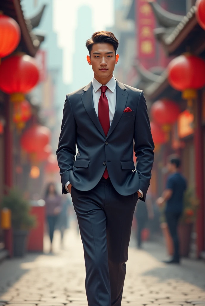 A smart young man walking in the china road wearing full set blesser and tie