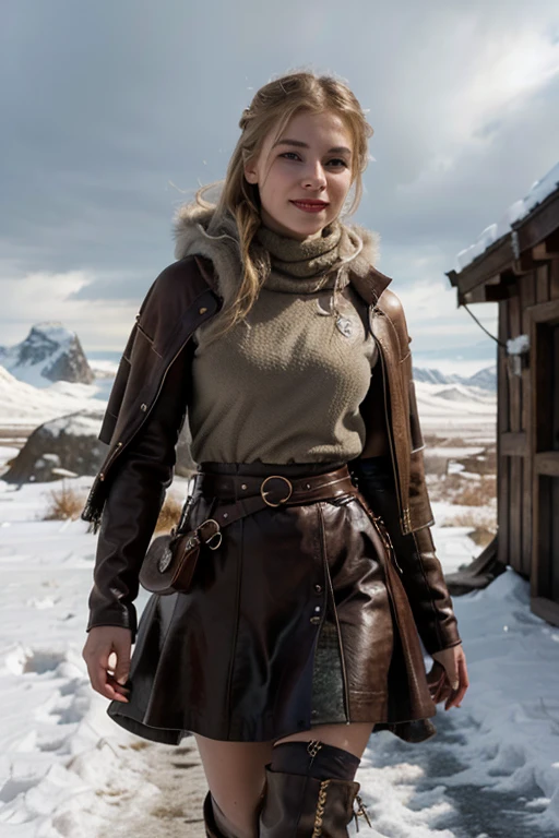 8k, masterpiece, best quality, ultra-realistic, highly detailed, full image, 1female, solo, dnd, d&d, dungeons and dragons, dungeons & dragons, rpg, bard, 20 year old girl, very beautiful smiling girl, walking girl, blonde hair, blue eyes, sexy girl, in an Arctic setting. She is dressed in a brown studded leather bodice, a medium leather skirt, high boots and over a warm, layered outfit made of thick, durable fabrics and adorned with fur accents to protect her from the bitter cold. Her attire includes a heavy fur-lined cloak, an intricately patterned tunic, and sturdy boots, all in earthy hues that blend in with the icy landscape.She wears at her side an elegant and light The setting is a vast snowy land with towering ice formations and a pale, wintry sky. The atmosphere should convey both the harshness of the Arctic environment and the resilience and grace of the bard traversing the frozen moors.