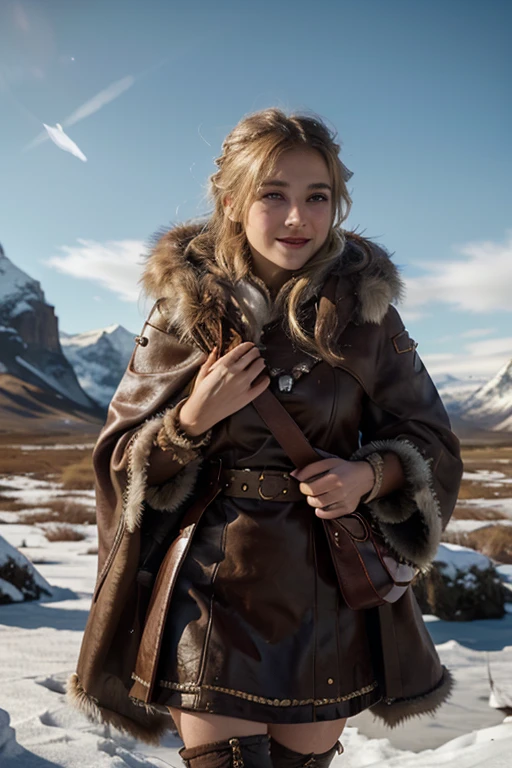 8k, masterpiece, best quality, ultra-realistic, highly detailed, full image, 1female, solo, dnd, d&d, dungeons and dragons, dungeons & dragons, rpg, bard, 20 year old girl, very beautiful smiling girl, walking girl, blonde hair, blue eyes, sexy girl, in an Arctic setting. She is dressed in a brown studded leather bodice, a medium leather skirt, high boots and over a warm, layered outfit made of thick, durable fabrics and adorned with fur accents to protect her from the bitter cold. Her attire includes a heavy fur-lined cloak, an intricately patterned tunic, and sturdy boots, all in earthy hues that blend in with the icy landscape.She wears at her side an elegant and light The setting is a vast snowy land with towering ice formations and a pale, wintry sky. The atmosphere should convey both the harshness of the Arctic environment and the resilience and grace of the bard traversing the frozen moors.