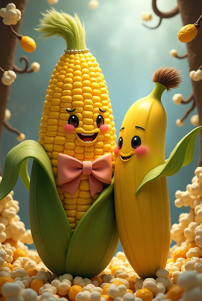 Corn with bow, popcorn and banana groom with hair
