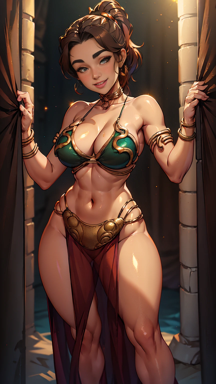 Caucasian, brunette ponytail hair, tight shiny and glittering copper iridescent dress with thigh slit, ((pelvic curtain)), small perky breasts, cleavage, hands on hips pose, sand dune, smile