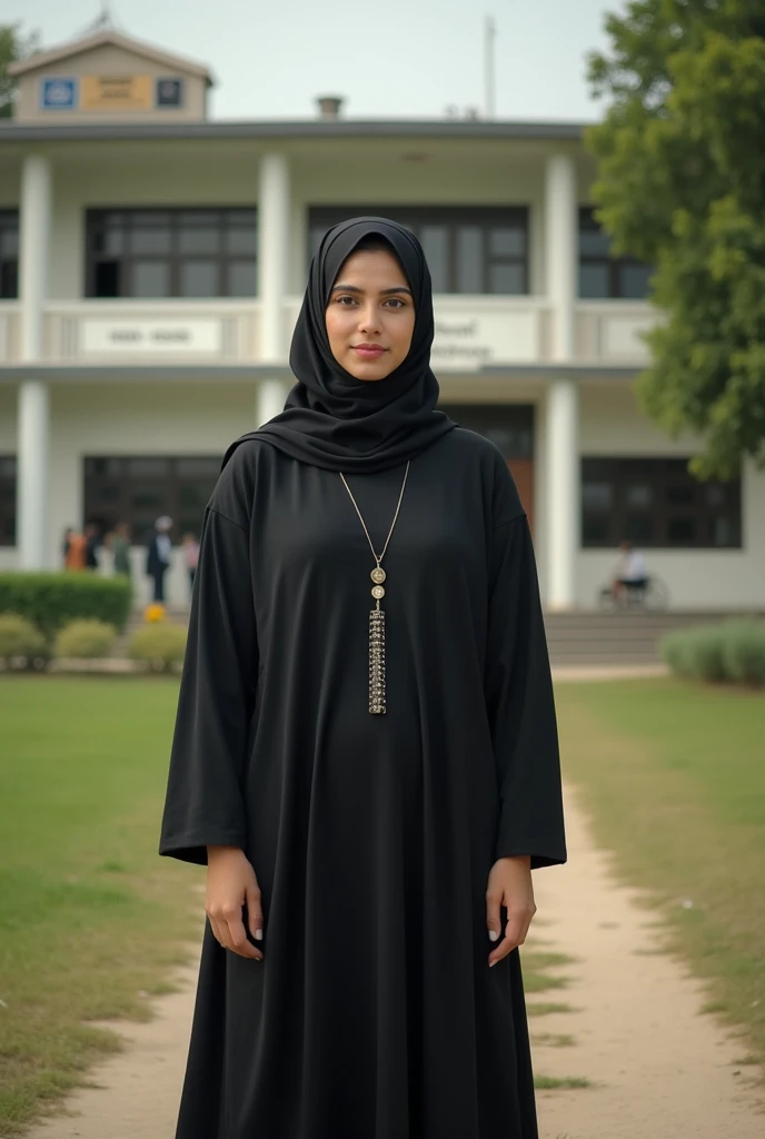 
Pakistani school teacher in abaya in front of school