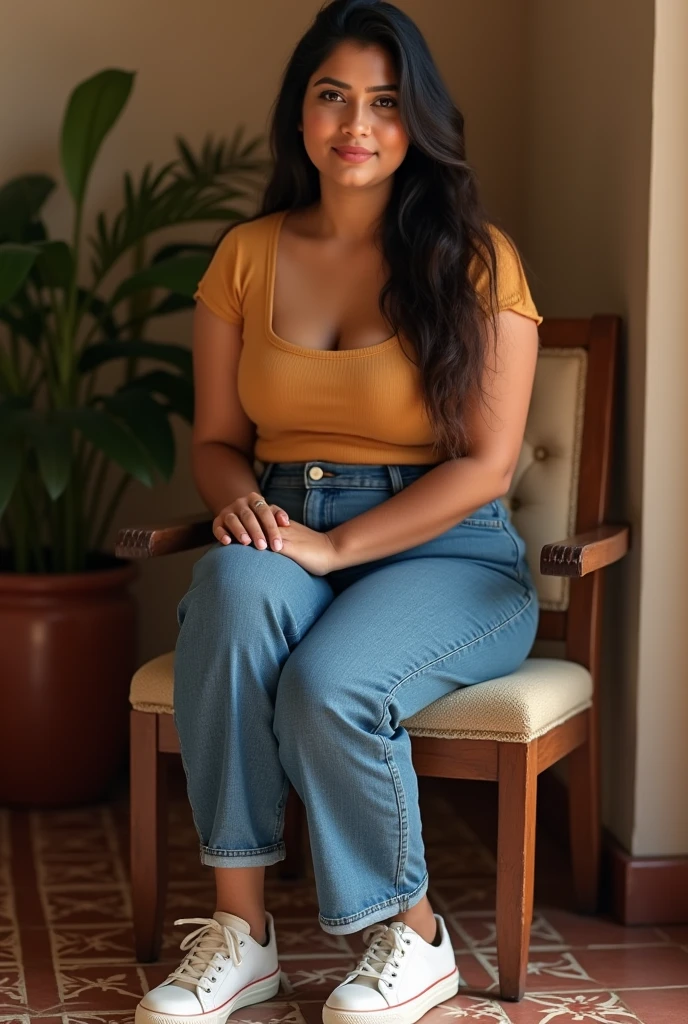 (photorealism:1.2), beautiful 35yo north indian married woman with curvy body, sitting on chair, floor tiles, wearing casyal square neck top and denim pants with matching casual shoes, intricate details, warm colors