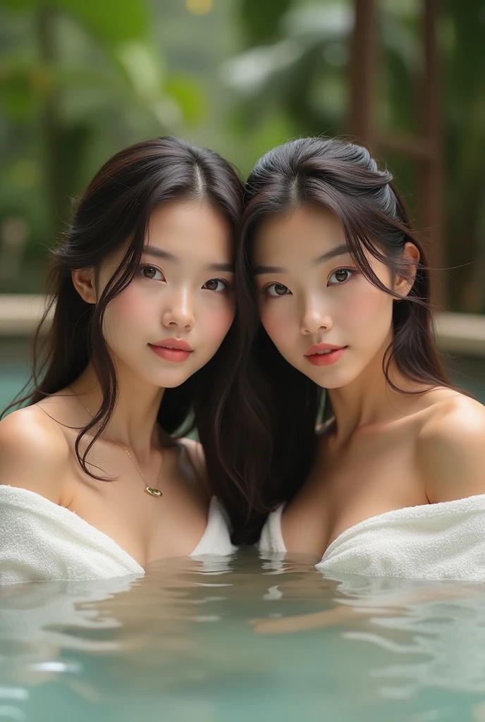ultra 8k cg, picture-perfect face, perfect face, beautiful face, realistic, hyperrealistic, masterpiece, high quality, best quality, flawless, clean, all intricate, (2girls aligned), couple, shiny glossy skin, (towel:1.2), (various haircolor), (various hairstyle) Bathing in the hot springs, Open-air bath in summer, flat chest, looking at viewer, gentle smile