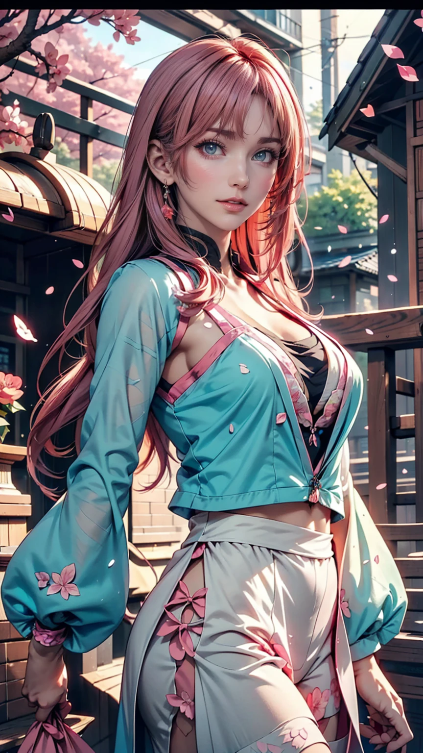 1 girl, samurai ice style, Caucasian skin, very long pink hair, vibrant moonlight eyes, Long, detailed lashes, mitts, wide sleeves, , tassel, range, the most beautiful and detailed hooded kimono, Fur trim, curvy body type, perfect ass, thick-thighs, Enormously gigantic huge breasts, cleavage showing, tons of tattoos and piercings, arching your back in a cute, outgoing pose, gazing at viewer, cherry blossoms blowing in the wind 