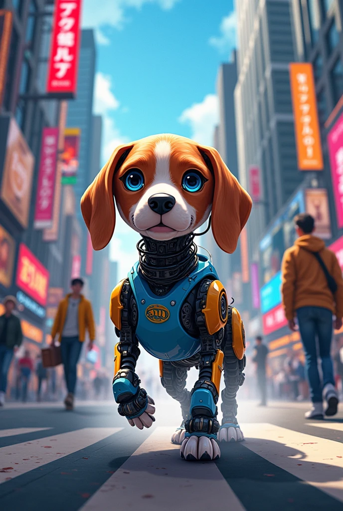 Dog beagle robot in new york street anime style