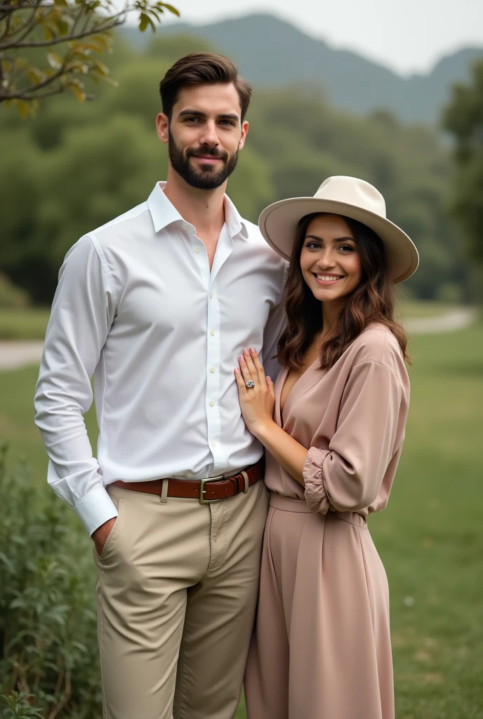 20 years old handsome guy wore dress shirt and hammer pant with his girlfriend wore plain co-ord set and a cute hat photo a beautiful bg