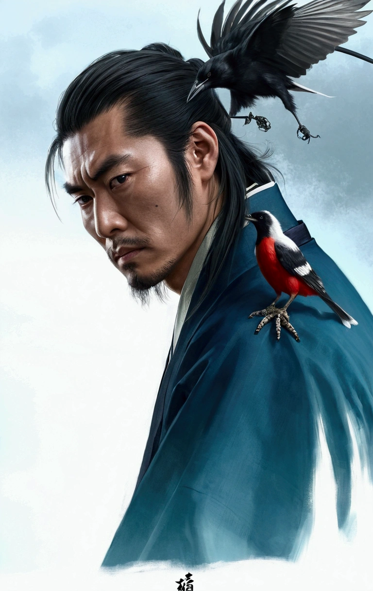 1man,long hair,black hair,japanese man,samurai clothes,calm and peaceful expression like a true samurai,a bird on his shoulder realistic,ultra graphic,realism