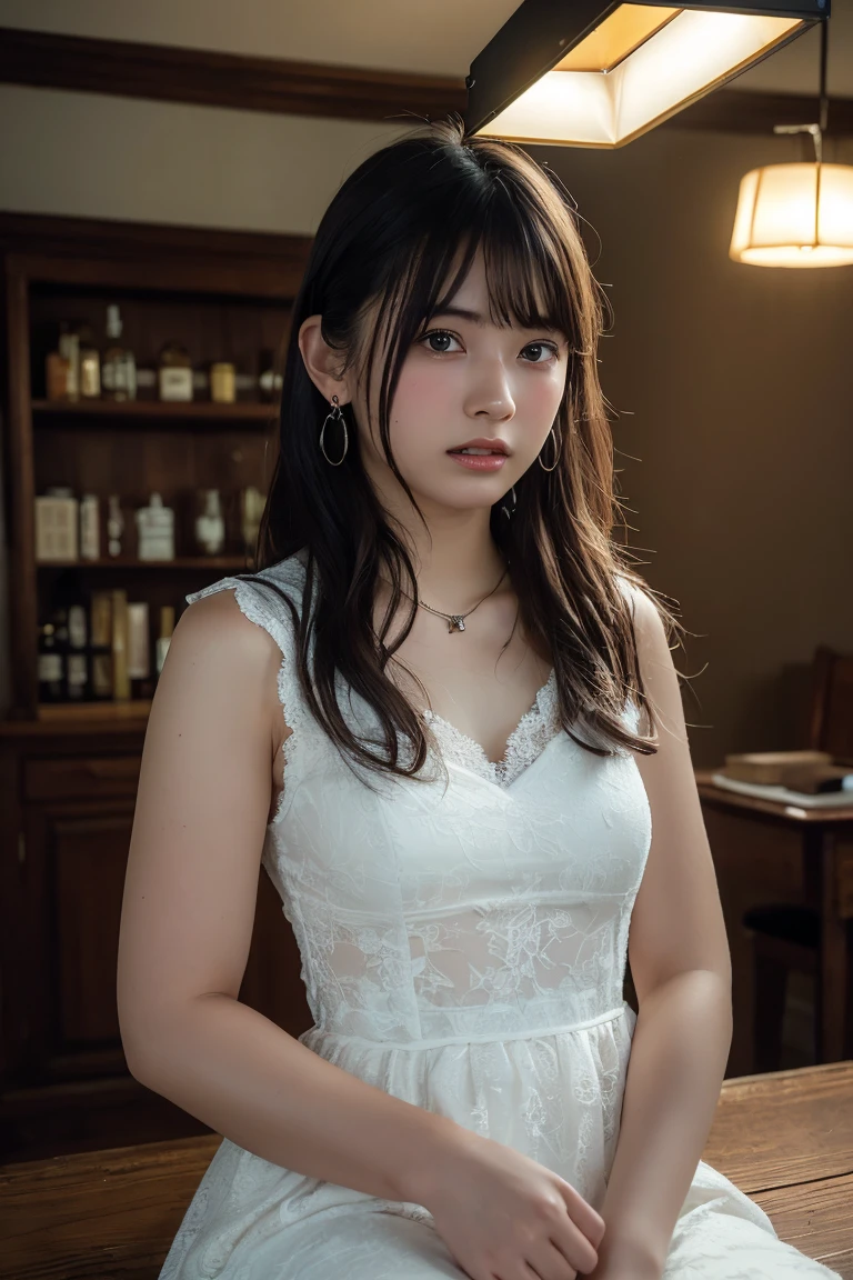 (Highest quality:1.4),(masterpiece:1.4),(Realistic:1.4),(Realistic:1.2),(超High resolution, RAW Photos:1.4),(High resolution, Ultra-detailed:1.2),(8K:1.2),View your viewers,Cinematic photography,One girl,skeletally correct,Black-haired woman,(Small earrings,necklace,Gothic Lolita,Exposing shoulders,View from the front),(Western-style building interior,Dimly lit room,The lamplight shines on my cheeks)
