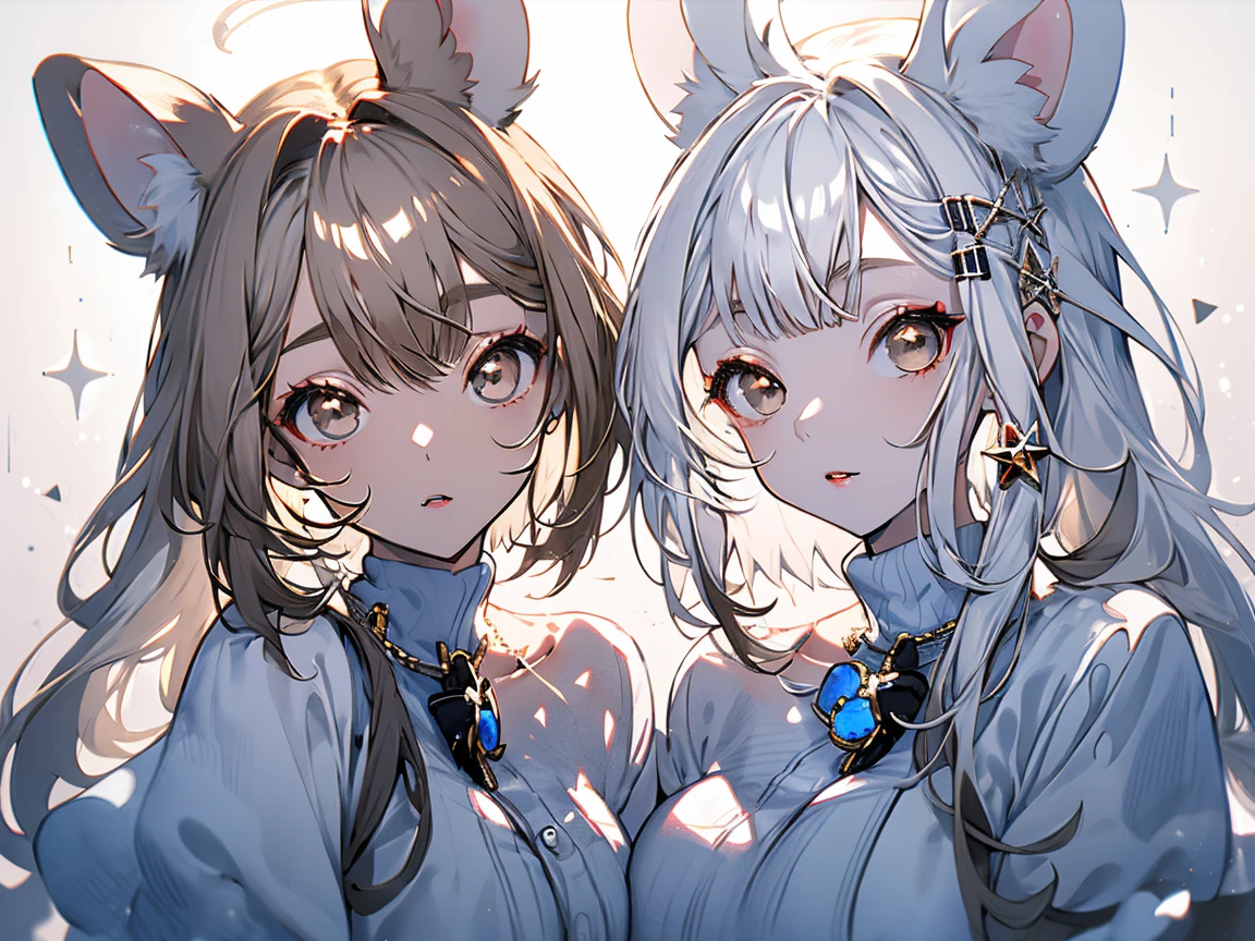 twins, Mouse Girls, Short fluffy white hair, Big round mouse ears, White sweater, Hand in hand, ((Dark brown eyes)), Couple, beautiful, Glossy Lips, Detailed eyes