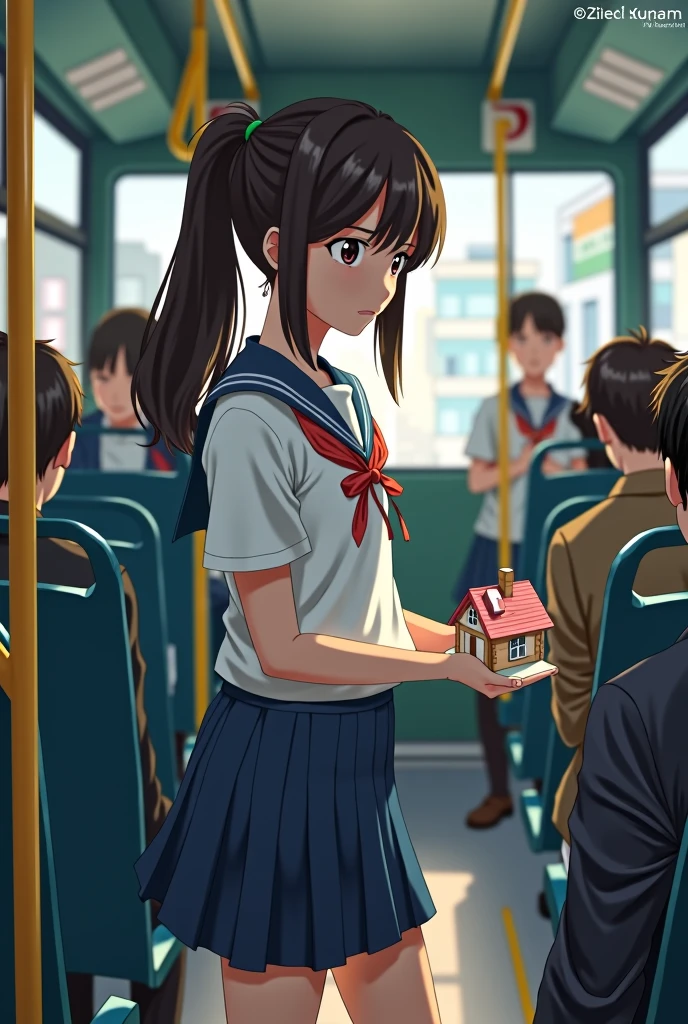 High school girl in uniform with her hair in a ponytail getting on the bus with a toothpick house in her hands