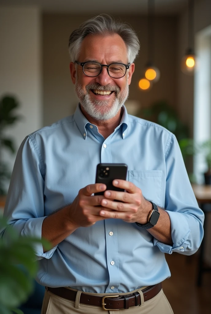 Une homme blanc, sur son téléphone qui est grand sourire car il a reçu enfin un message sur son telephone qu'il attendait. On voit son immense sourire sur son visage