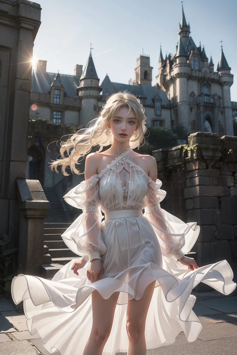 ((Girl standing in front of the castle wall))、Fluorescent color、One Girl、Look to the side、Beautiful Face、Beautiful Eyes、(Big Blue Eyes)(From the shoulder down:1。 2)、(Golden white hair)、Shiny Hair、Glowing Skin、Reduce glare、Finger Proportion Adjustment、Escrow、Butt viewpoint、Dynamic Angle、((Master Parts))、((Highest quality))、(((Ultra Details)、(An illustration)、(Detailed light)、(Very delicate and beautiful)、Dramatic Shadows、Ray tracing、reflection、Ultra-high resolution、((Master Parts))、((Highest quality))、((Ultra HD))。 Ultra-high resolution、((Colorful hair and mesh))、Her hair flutters in the wind、(Big deep blue eyes)、Golden white hair、haired woman、Sparkling Butterfly、Sparkling Butterfly、黒haired woman、Points of light around the woman、Magical Aura、Green dot、The nature of the aura、Magical Aura黒haired woman、 ((Translucent red one-shoulder dress: 1. 3)、(No sleeve)、((The skirt flutters up in the wind))、((An old European castle stands in the distance))、