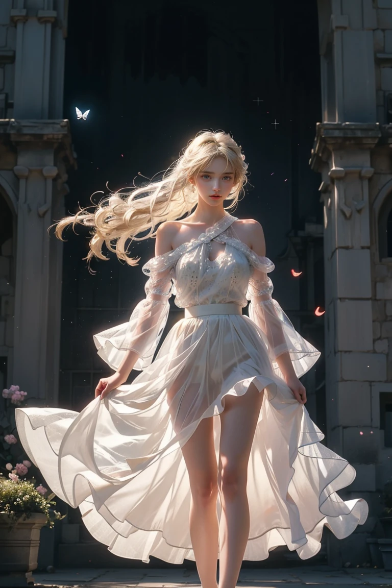 ((Girl standing in front of the castle wall))、Fluorescent color、One Girl、Look to the side、Beautiful Face、Beautiful Eyes、(Big Blue Eyes)(From the shoulder down:1。 2)、(Golden white hair)、Shiny Hair、Glowing Skin、Reduce glare、Finger Proportion Adjustment、Escrow、Butt viewpoint、Dynamic Angle、((Master Parts))、((Highest quality))、(((Ultra Details)、(An illustration)、(Detailed light)、(Very delicate and beautiful)、Dramatic Shadows、Ray tracing、reflection、Ultra-high resolution、((Master Parts))、((Highest quality))、((Ultra HD))。 Ultra-high resolution、((Colorful hair and mesh))、Her hair flutters in the wind、(Big deep blue eyes)、Golden white hair、haired woman、Sparkling Butterfly、Sparkling Butterfly、黒haired woman、Points of light around the woman、Magical Aura、Green dot、The nature of the aura、Magical Aura黒haired woman、 ((Translucent red one-shoulder dress: 1. 3)、(No sleeve)、((The skirt flutters up in the wind))、((An old European castle stands in the distance))、