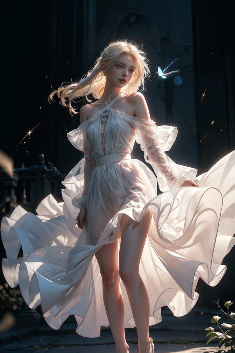 ((Girl standing in front of the castle wall))、Fluorescent color、One Girl、Look to the side、Beautiful Face、Beautiful Eyes、(Big Blue Eyes)(From the shoulder down:1。 2)、(Golden white hair)、Shiny Hair、Glowing Skin、Reduce glare、Finger Proportion Adjustment、Escrow、Butt viewpoint、Dynamic Angle、((Master Parts))、((Highest quality))、(((Ultra Details)、(An illustration)、(Detailed light)、(Very delicate and beautiful)、Dramatic Shadows、Ray tracing、reflection、Ultra-high resolution、((Master Parts))、((Highest quality))、((Ultra HD))。 Ultra-high resolution、((Colorful hair and mesh))、Her hair flutters in the wind、(Big deep blue eyes)、Golden white hair、haired woman、Sparkling Butterfly、Sparkling Butterfly、黒haired woman、Points of light around the woman、Magical Aura、Green dot、The nature of the aura、Magical Aura黒haired woman、 ((Translucent red one-shoulder dress: 1. 3)、(No sleeve)、((The skirt flutters up in the wind))、((An old European castle stands in the distance))、