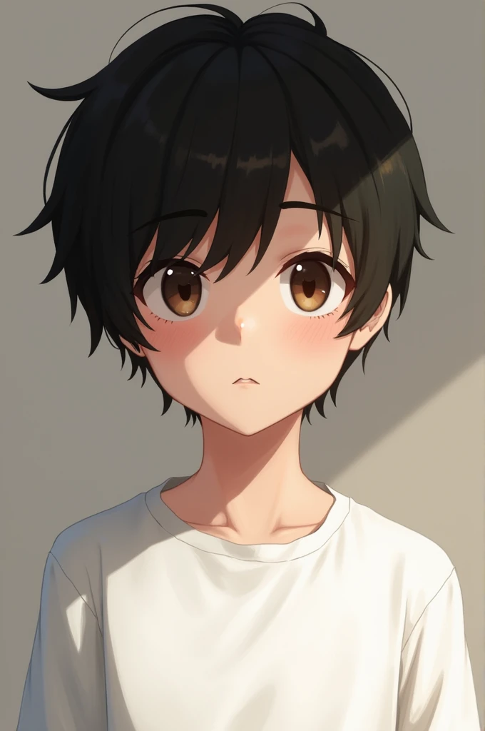 Brown eyes,
Short black hair ,white t-shirt