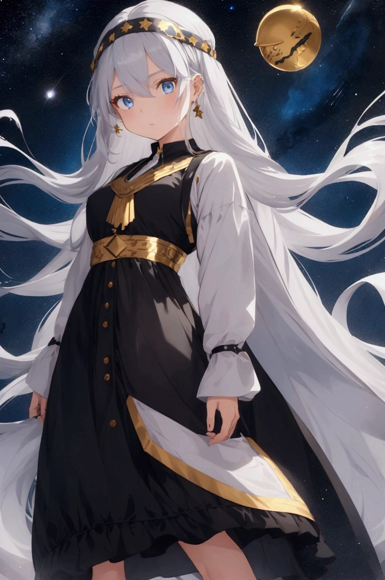 1 girl, A girl, girl with long hair, girl with grey hair, girl with hair moving like smoke, black dress with white details, blue eyes, Whole body, Golden shoes, officer, Astrological details in clothing, long dress, half white dress, dress with gold edges, fringe that covers an eye, golden headband, 