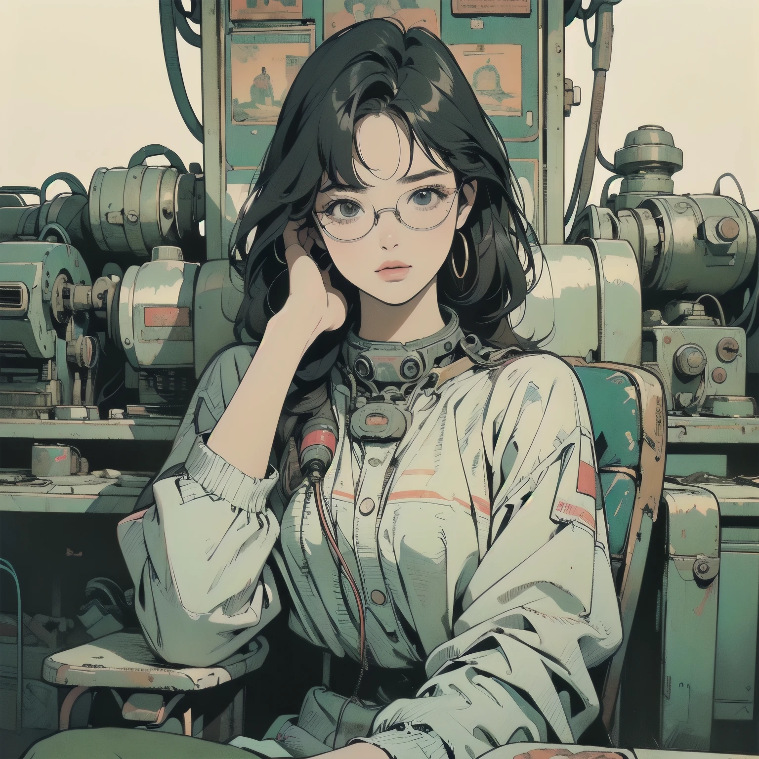 (((masterpiece, Highest quality)))、(((32K Wallpapers)))、The most detailed machine、((Outdated machinery and a woman)))、The most detailed background、(((Flat Chest)))、(((Surrounded by many complex, sophisticated, Outdated machinery)))、Upper Body、 (One person:1.2), ((Overall colorfully))、A perfect Outdated machinery、(((Perfect Face)))、(((The most complete Outdated machinery)))、Detailed Hair、(((White space suit)))、Black Hair、(((Glasses))), (((Lots of cables)))、(((Sit on a chair)))