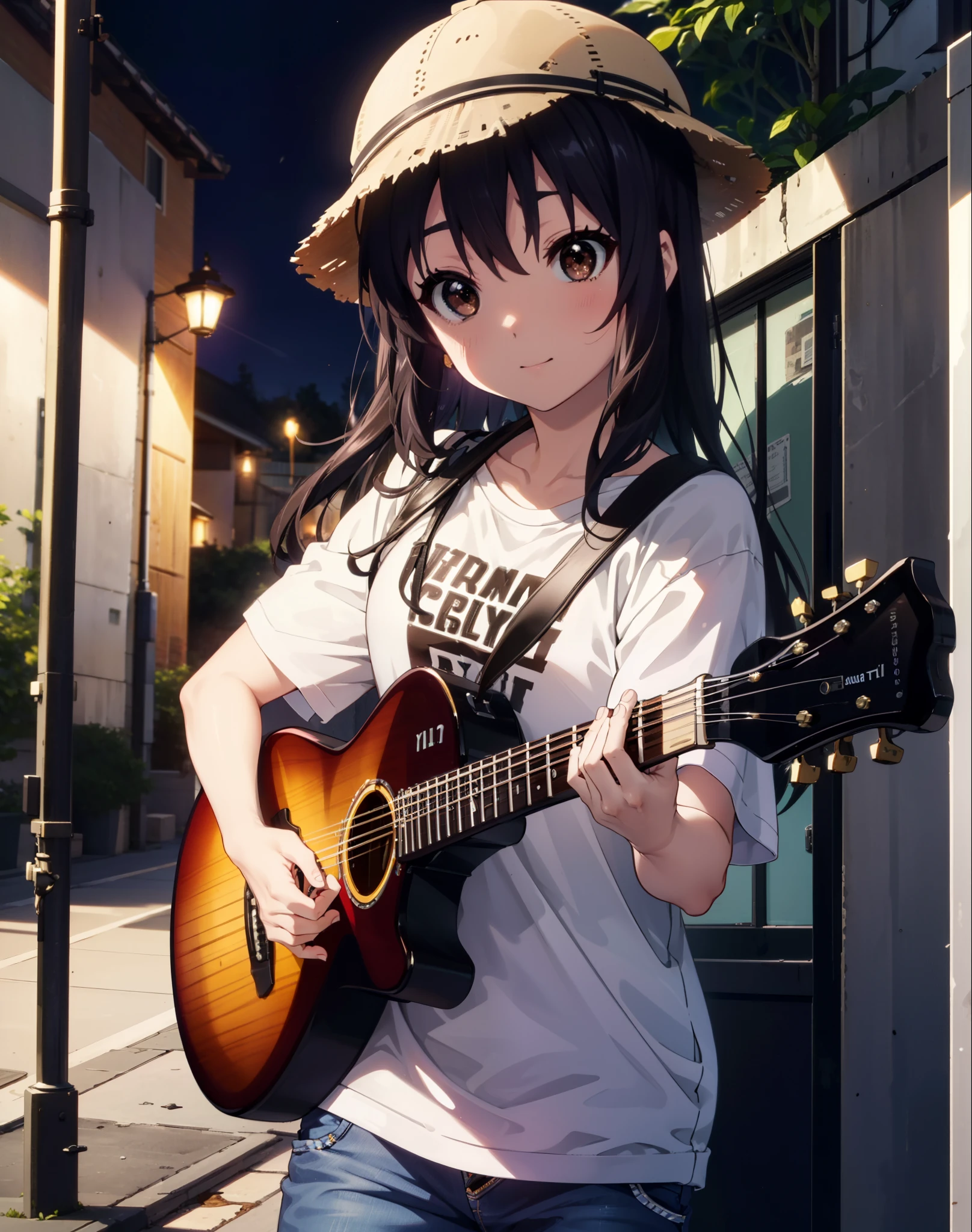 meet, Azusa Nakano, Black Hair, (Brown eyes:1.5),Long Hair,Baseball hats,Oversized T-shirt,Short sleeve,jeans,short boots,Instrument playing, Stage Performance, hot air,Happy atmosphere,スタンドマイクの前でguitarをを弾きながら熱唱,guitar(Red Mustang),On the forehead,Singing with your mouth open,smile,Street Performance,night,moonlight,whole bodyがイラストに入るように,
break outdoors, Building district,
break looking at viewer, whole body,
break (masterpiece:1.2), Highest quality, High resolution, unity 8k wallpaper, (figure:0.8), (Beautiful attention to detail:1.6), Highly detailed face, Perfect lighting, Highly detailed CG, (Perfect hands, Perfect Anatomy),