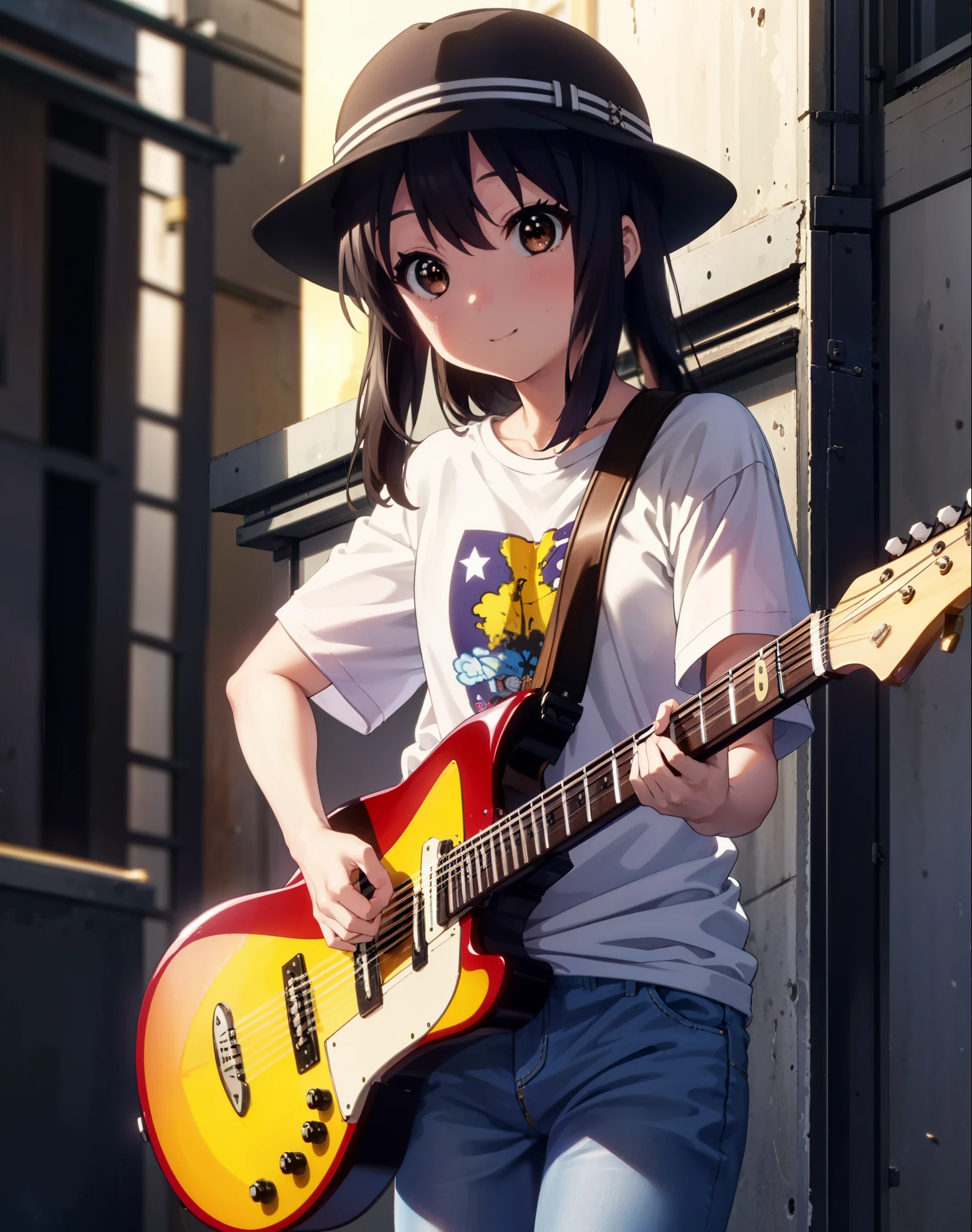 meet, Azusa Nakano, Black Hair, (Brown eyes:1.5),Long Hair,Baseball hats,Oversized T-shirt,Short sleeve,jeans,short boots,Instrument playing, Stage Performance, hot air,Happy atmosphere,スタンドマイクの前でguitarをを弾きながら熱唱,guitar(Red Mustang),On the forehead,Singing with your mouth open,smile,Street Performance,night,moonlight,whole bodyがイラストに入るように,
break outdoors, Building district,
break looking at viewer, whole body,
break (masterpiece:1.2), Highest quality, High resolution, unity 8k wallpaper, (figure:0.8), (Beautiful attention to detail:1.6), Highly detailed face, Perfect lighting, Highly detailed CG, (Perfect hands, Perfect ???????),
