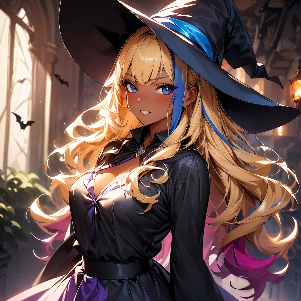 (highest quality:1.2, Very detailed, up to date, Vibrant, Ultra-high resolution, High Contrast, masterpiece:1.2, highest quality, Best aesthetics), Portraiture、girl、slim:1, Bright colors、Beautiful fine details、Beautiful lip detail、long hair, ((wavy hair:0.4))、messy hair, blonde and blue ((streaked hair:1.3)), highlights hair: 1.3, (medium breast:1), (tan skin:1.3), halloween witch costume, sexy witch, witch hat, holding magic wand, Background of a haunted house with flying bats, ghost pose, angry, clenched teeth, (cowboy shot:1.5),