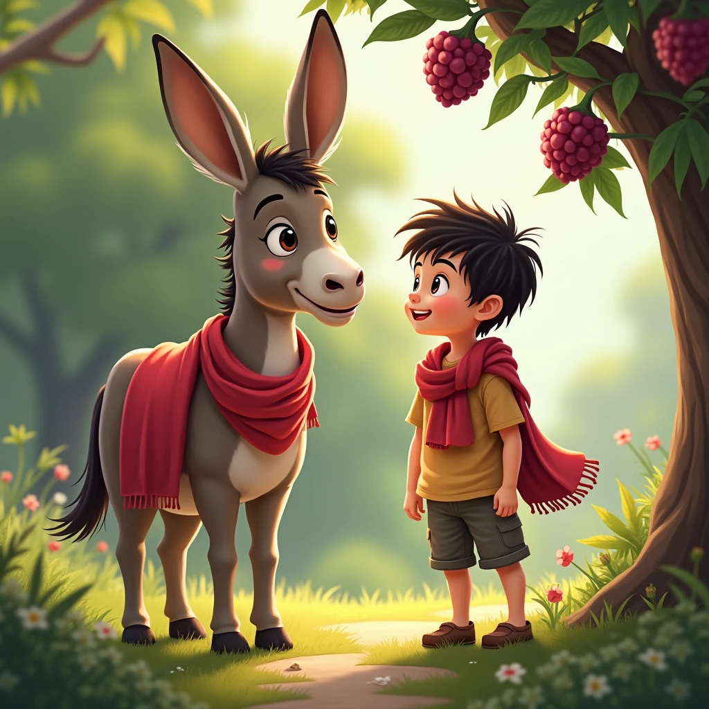 There is a red towel on a donkey and next to it a mulberry and a 10-year-old boy with the same red towel around his neck, they are talking