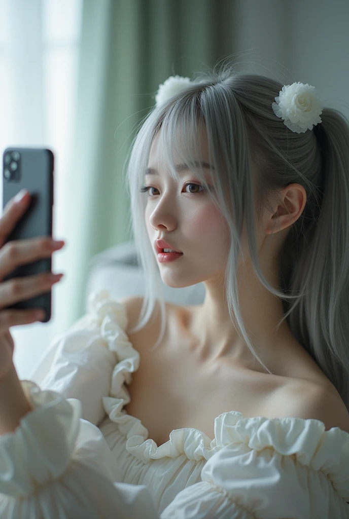 highly detailed, beautiful, hyper Realistic girl, masterpiece, best quality, Depict a mysterious and sophisticated Japanese gravure woman, 28-years-old, identity hidden, all body shot, /// gray arranged hair, light color eyes, Realistic skin, Detailed face, /// wearing a Pierrot costume, white theme, /// Monotone simple modern taste single room, mirror, complicated background /// takes a selfie in her room using a smartphone in front of a mirror with one hand, sitting and fashion model Posing, looking away from the camera,