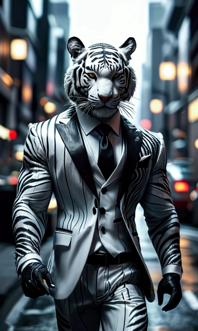 a tiger in a black and white suit in the city 8k