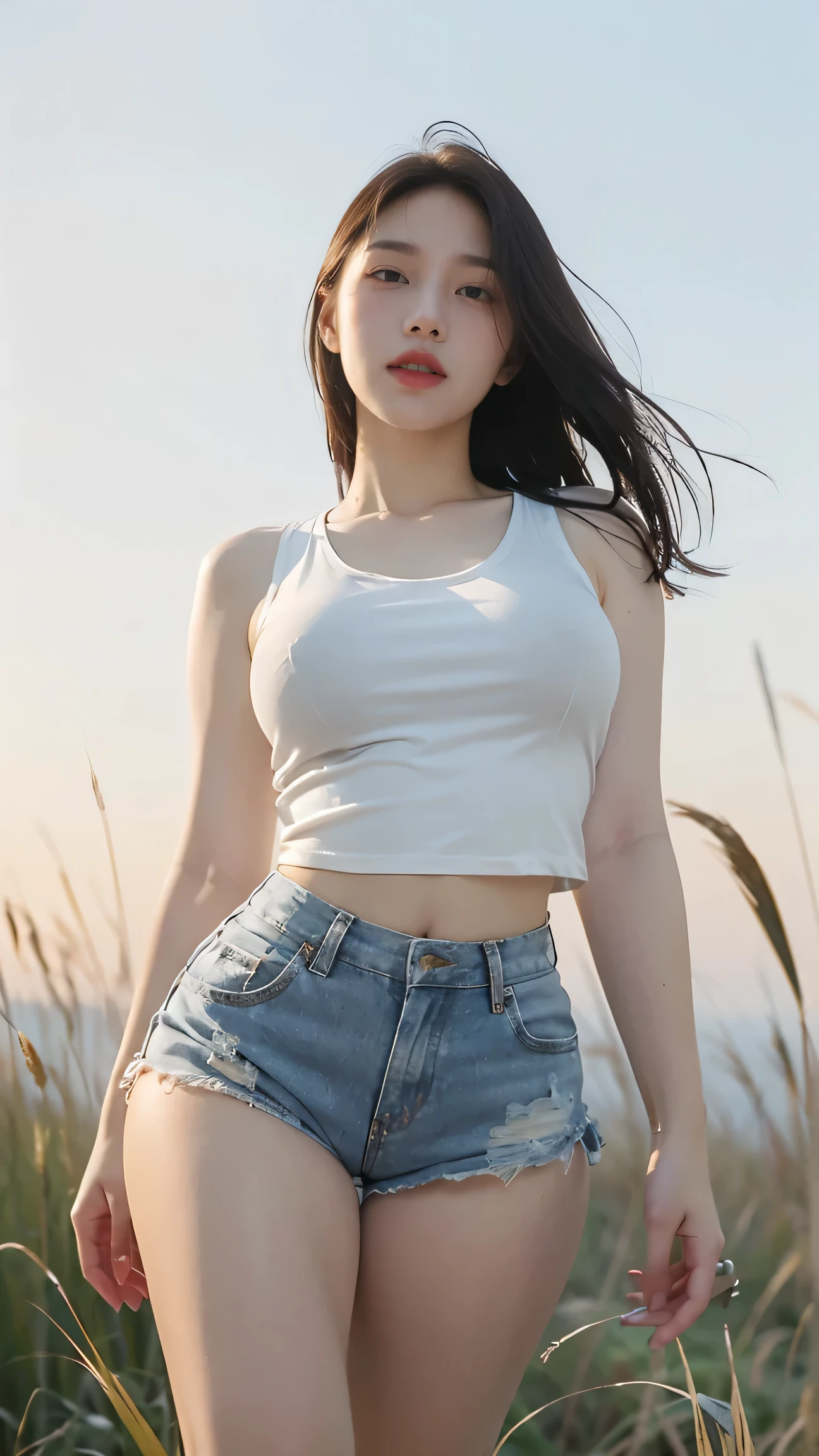 number, Ray Tracing, Radio City, Anisotropic filtration, 16,000, best quality, 1 woman, alone, mature,  beautiful young woman, shorts (((tight tank top, shortsรัดรูป ))) , Gradient long hair, laugh、sunset ,((big breasts)) (((standing in the tall grass))) Sit with your knees bent.., The sneakers are open..