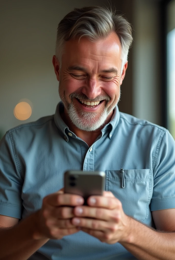 Une homme blanc de 35 ans sans barbe, sur son téléphone qui est grand sourire car il a reçu enfin un message sur son telephone qu'il attendait. On voit son immense sourire sur son visage