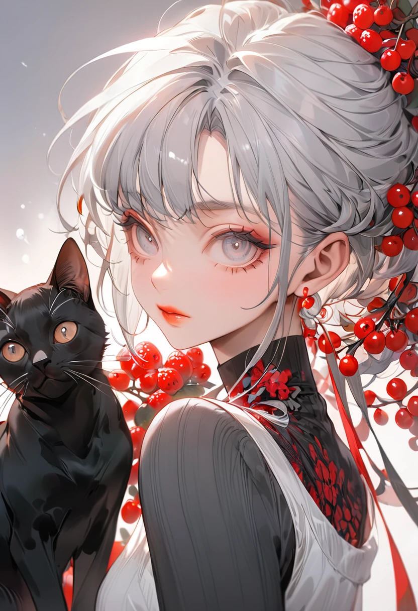 The background is crimson,(Highest quality,Very detailed,High resolution:1.2),Slim albino girl,Gray-haired berry shorthair,gray bangs,very_Long eyelashes, Detailed lips, Cool look, Soft Skin, Shiny Hair,Exquisite makeup, Standing next to a big black cat